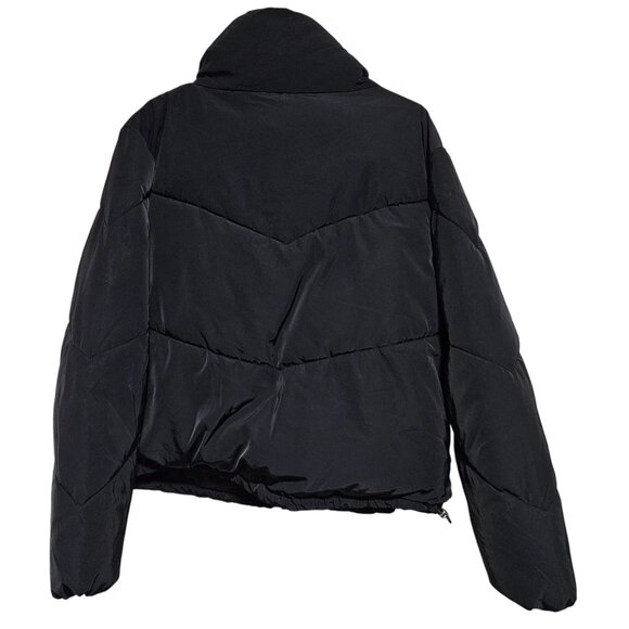 H&M Black Puffer Jacket Womens Size Medium Front Zipper High Neck Collar - Picture 2 of 4